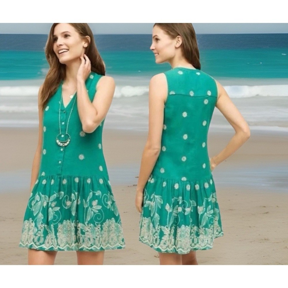 NWT ANTHROPOLOGIE MAEVE Linen Sleeveless Floral Embroidered Dress with Slip Med